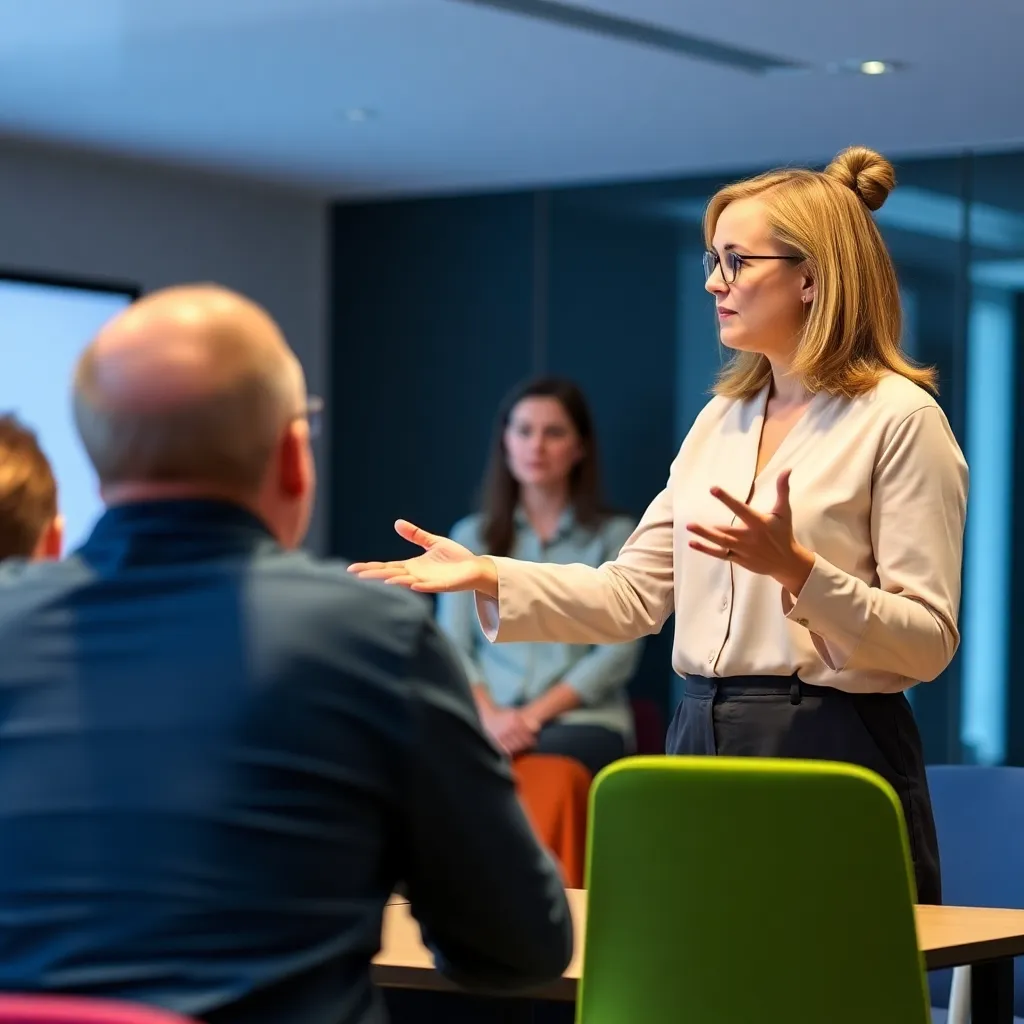 Facilitátor vysvetľujúci komunikačné techniky na workshope