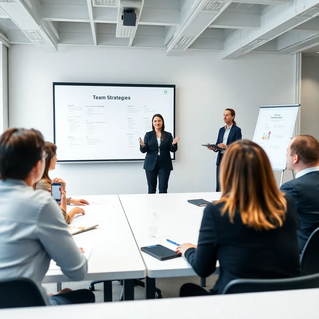 Facilitátor vedúci workshop o tímových stratégiách s účastníkmi